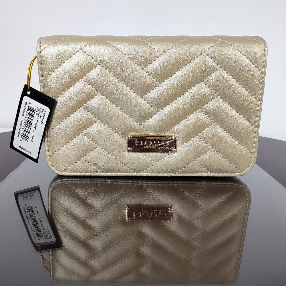 NWT BEBE Gold Sophia Crossbody Bag Small Vegan Purse Quilted Chain Strap 5x7x2